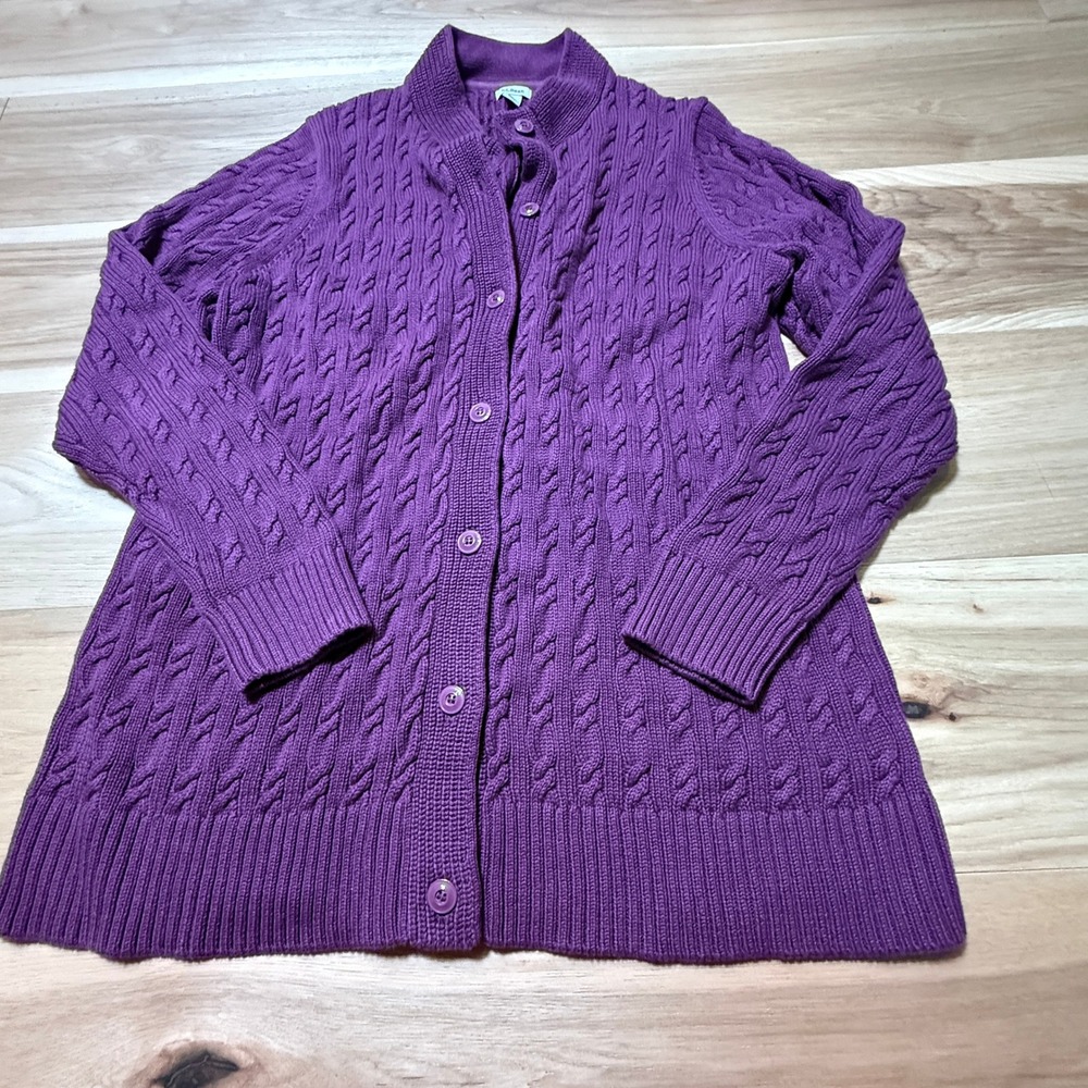 L.L. Bean Cardigan Women XL Purple Cable Knit Cotton Button Down Cottagecore